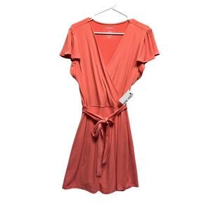 NWT Nine West Coral‎ Faux Wrap Dress Flutter Sleeves Tie Waist Size L